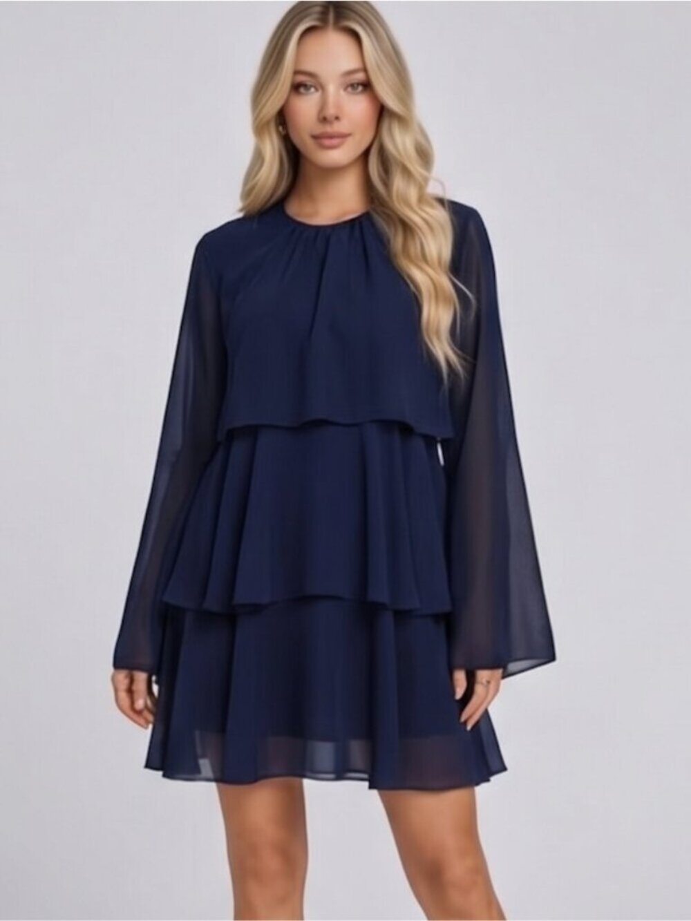Blue Tiered Ruffle Chiffon Mini Dress | Long Bell Flare Sleeve Shift Dress